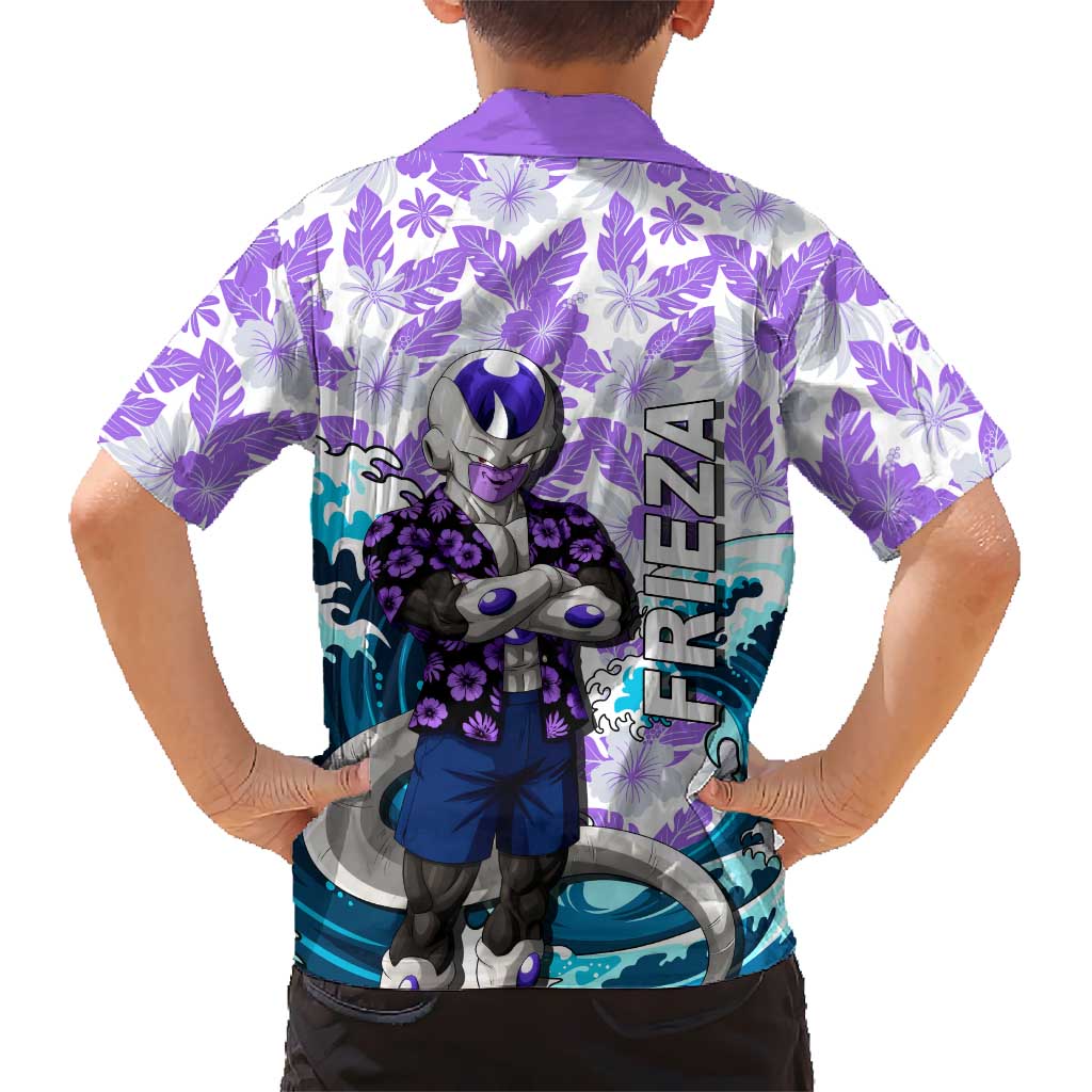Frieza Dragon Ball Summer Theme Family Matching Off Shoulder Short Dress and Hawaiian Shirt with Volleyball Floral Shirt and Shenron Tropical Design