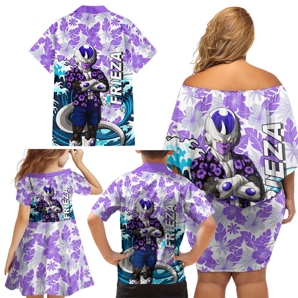 Frieza Dragon Ball Summer Theme Family Matching Off Shoulder Short Dress and Hawaiian Shirt with Volleyball Floral Shirt and Shenron Tropical Design