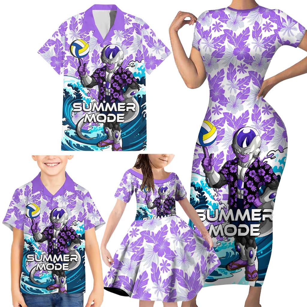 Frieza Dragon Ball Summer Theme Family Matching Short Sleeve Bodycon Dress and Hawaiian Shirt with Volleyball Floral Shirt and Shenron Tropical Design