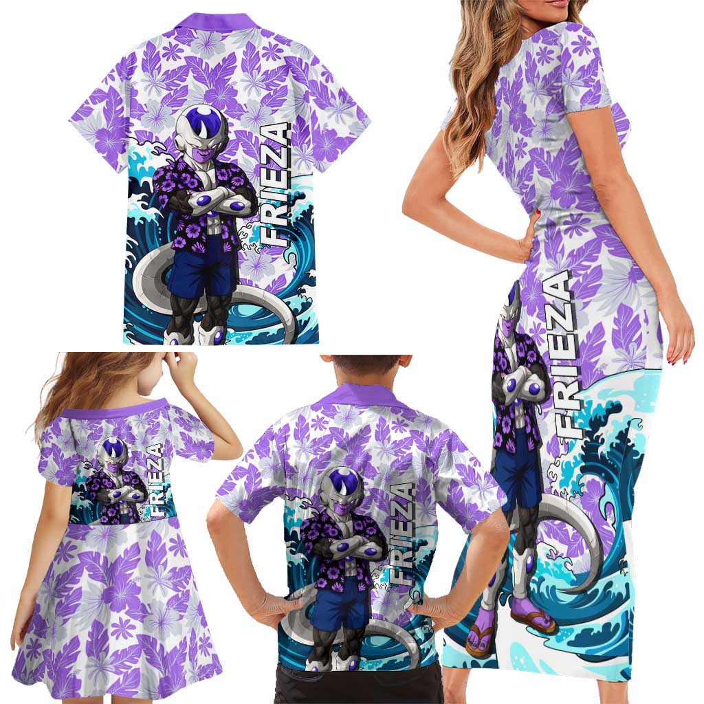 Frieza Dragon Ball Summer Theme Family Matching Short Sleeve Bodycon Dress and Hawaiian Shirt with Volleyball Floral Shirt and Shenron Tropical Design