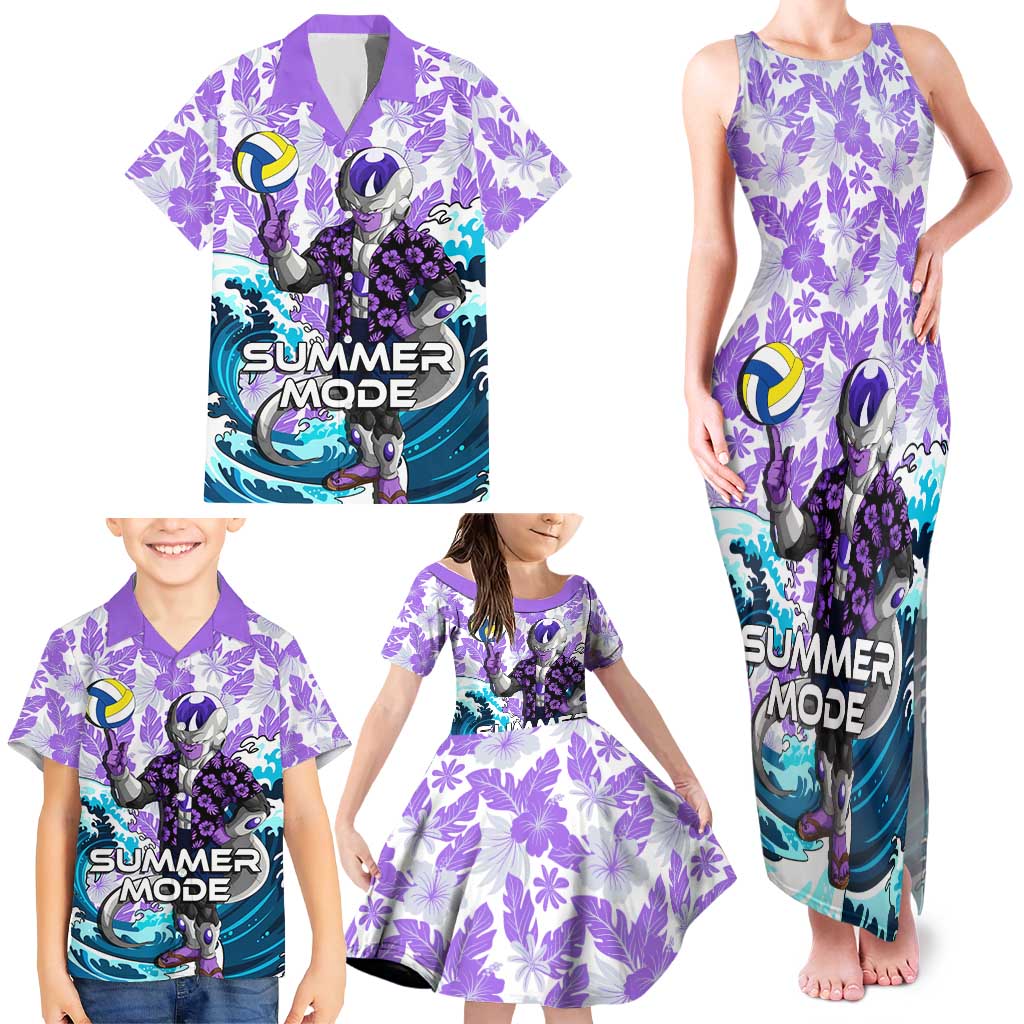 Frieza Dragon Ball Summer Theme Family Matching Tank Maxi Dress and Hawaiian Shirt with Volleyball Floral Shirt and Shenron Tropical Design
