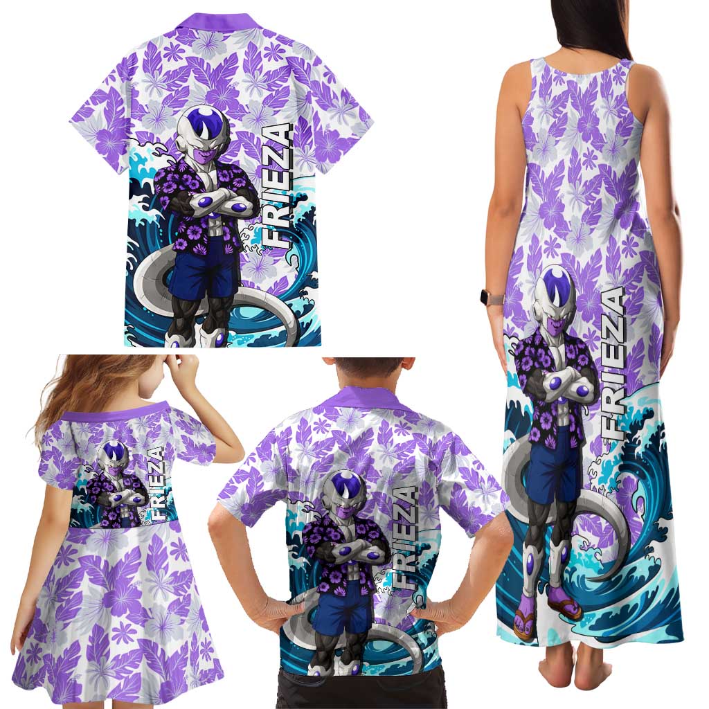 Frieza Dragon Ball Summer Theme Family Matching Tank Maxi Dress and Hawaiian Shirt with Volleyball Floral Shirt and Shenron Tropical Design