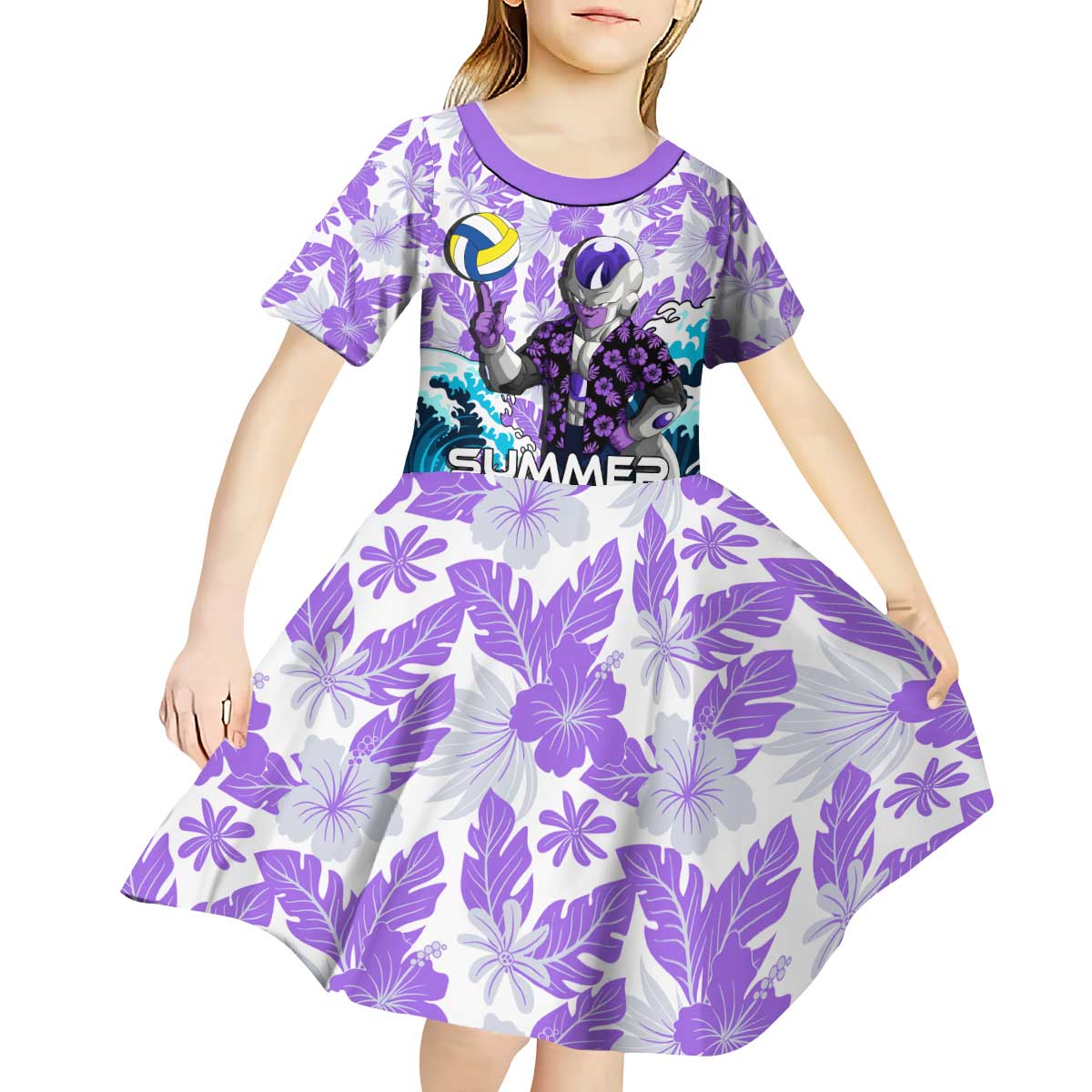 Frieza Dragon Ball Summer Theme Kid Short Sleeve Dress with Volleyball Floral Shirt and Shenron Tropical Design - The Mazicc