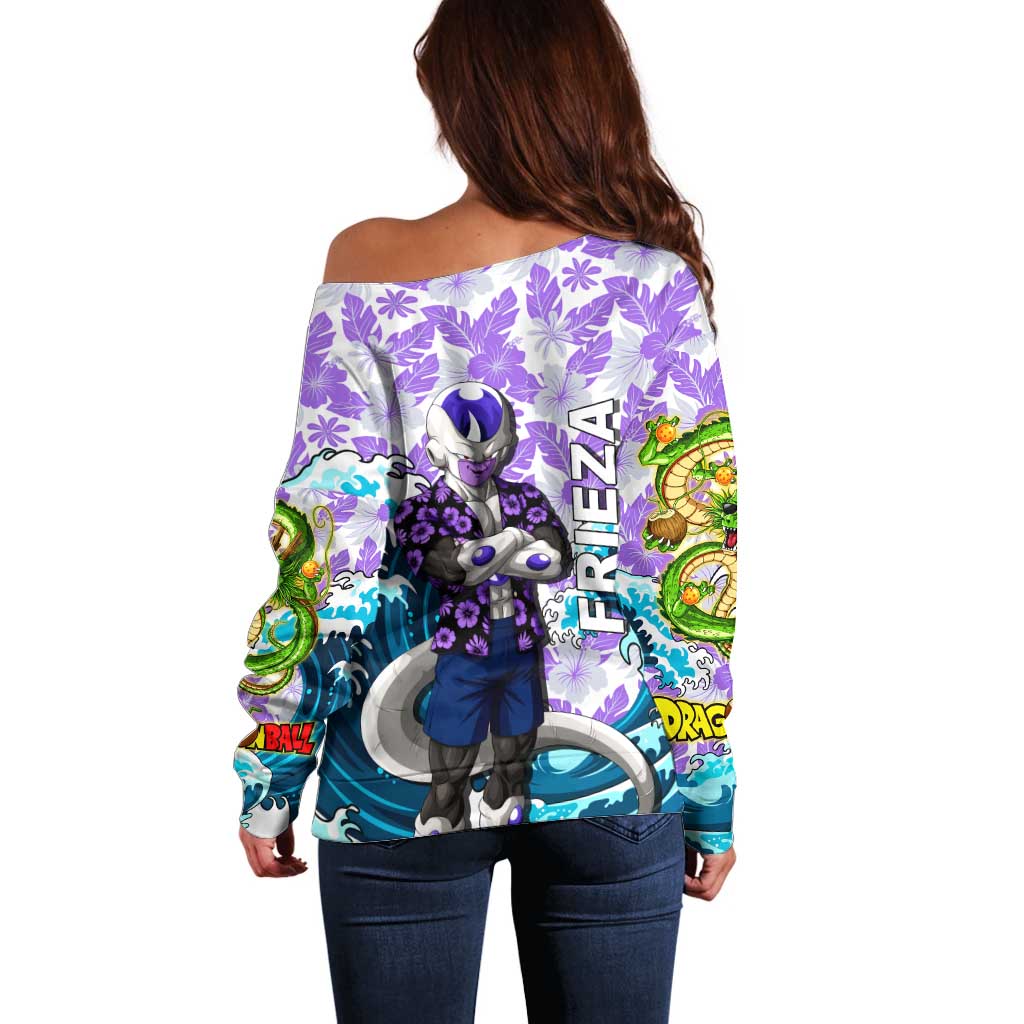 Frieza Dragon Ball Summer Theme Off Shoulder Sweater with Volleyball Floral Shirt and Shenron Tropical Design - The Mazicc