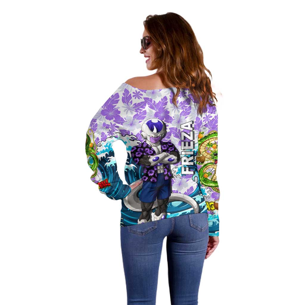 Frieza Dragon Ball Summer Theme Off Shoulder Sweater with Volleyball Floral Shirt and Shenron Tropical Design - The Mazicc