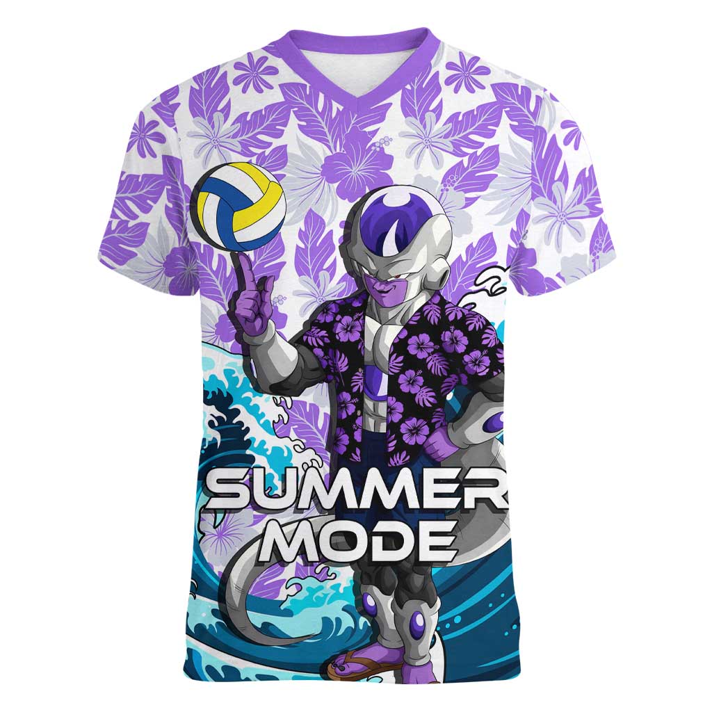Frieza Dragon Ball Summer Theme Women V-Neck T-Shirt with Volleyball Floral Shirt and Shenron Tropical Design - The Mazicc