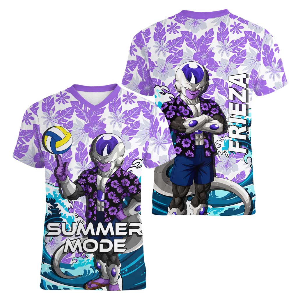 Frieza Dragon Ball Summer Theme Women V-Neck T-Shirt with Volleyball Floral Shirt and Shenron Tropical Design - The Mazicc