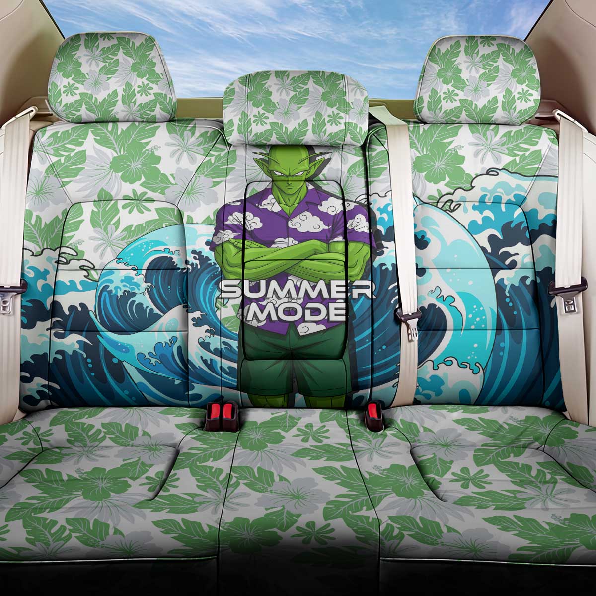 Piccolo Dragon Ball Summer Theme Back Car Seat Cover with Tropical Shirt Shenron Background and Ocean Wave Design - The Mazicc