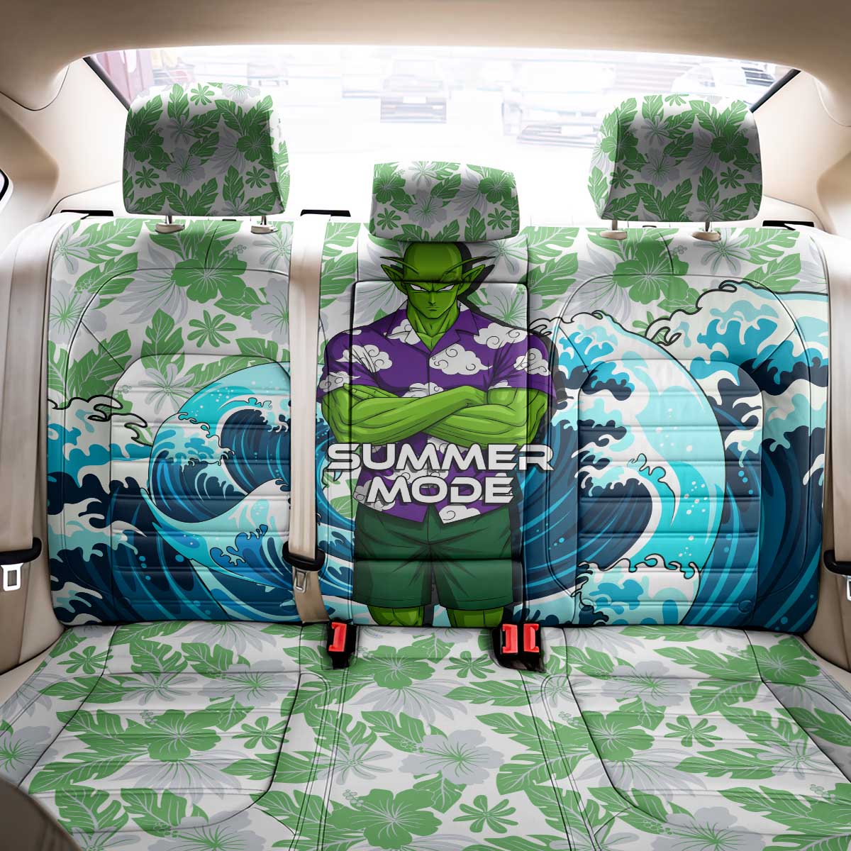 Piccolo Dragon Ball Summer Theme Back Car Seat Cover with Tropical Shirt Shenron Background and Ocean Wave Design - The Mazicc