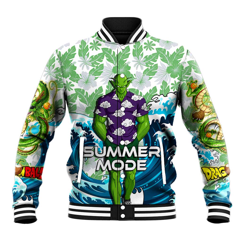 Piccolo Dragon Ball Summer Theme Baseball Jacket with Tropical Shirt Shenron Background and Ocean Wave Design - The Mazicc