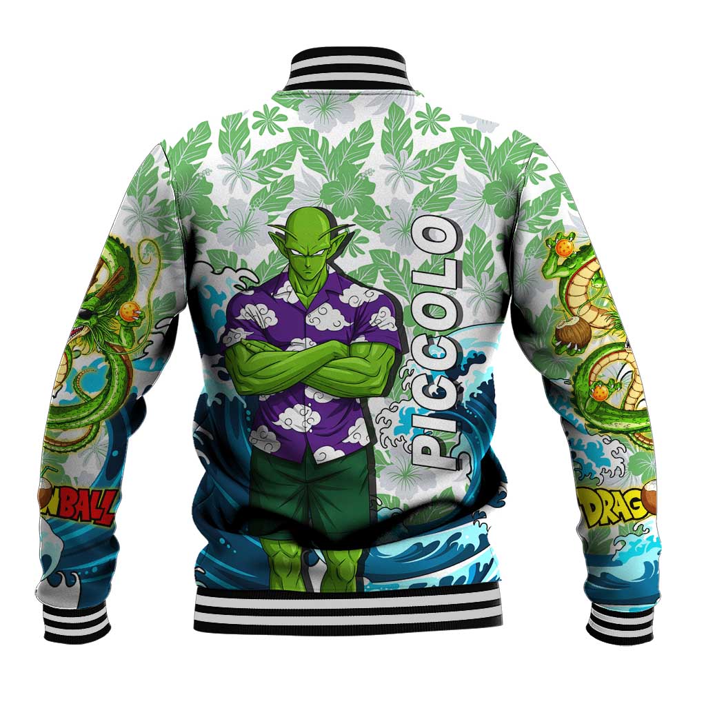 Piccolo Dragon Ball Summer Theme Baseball Jacket with Tropical Shirt Shenron Background and Ocean Wave Design - The Mazicc