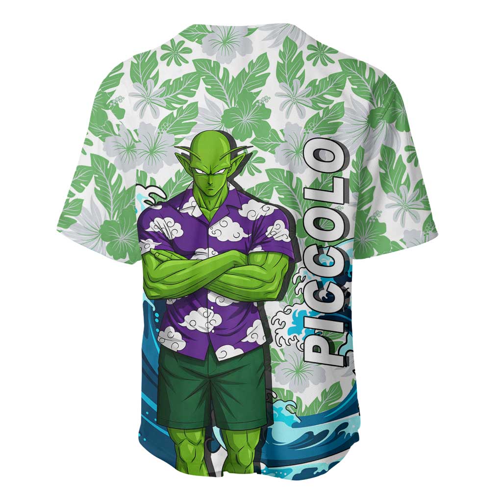 Piccolo Dragon Ball Summer Theme Baseball Jersey with Tropical Shirt Shenron Background and Ocean Wave Design - The Mazicc