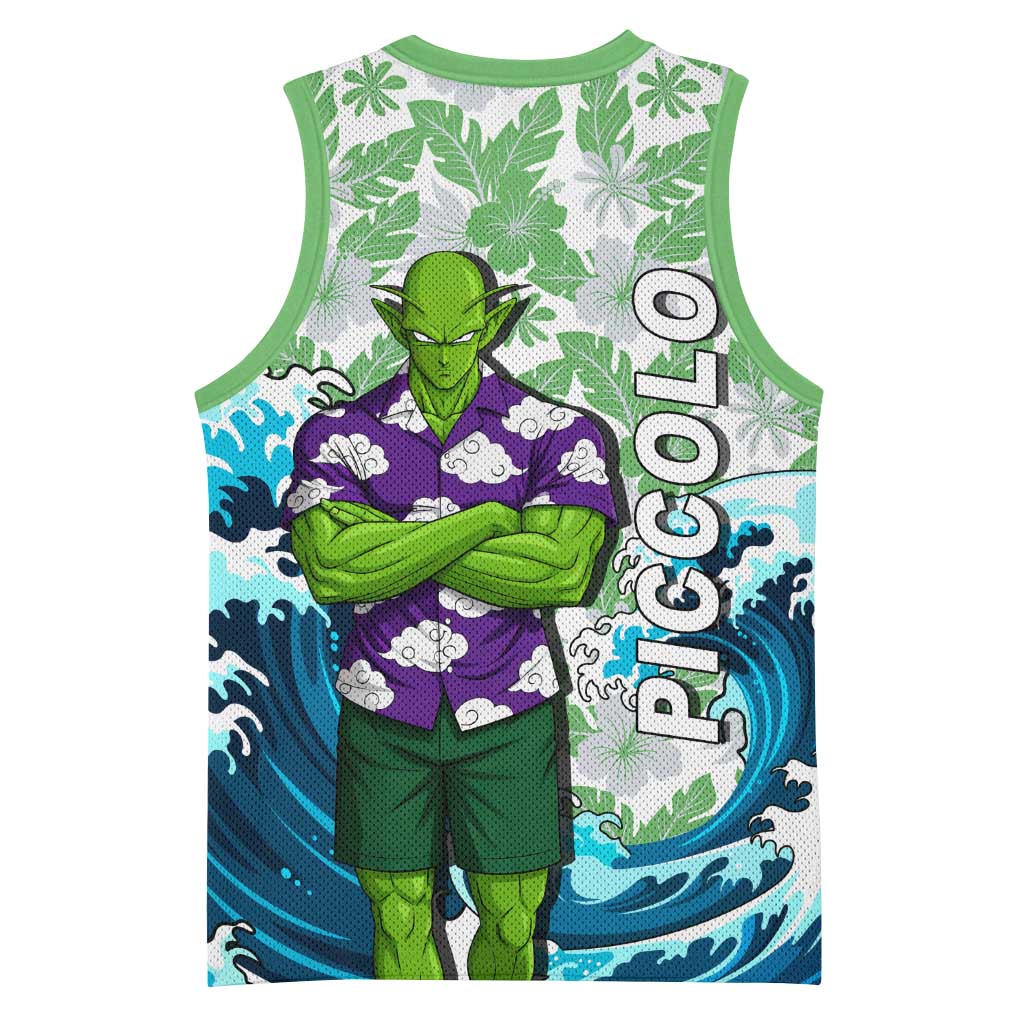 Piccolo Dragon Ball Summer Theme Basketball Jersey with Tropical Shirt Shenron Background and Ocean Wave Design - The Mazicc