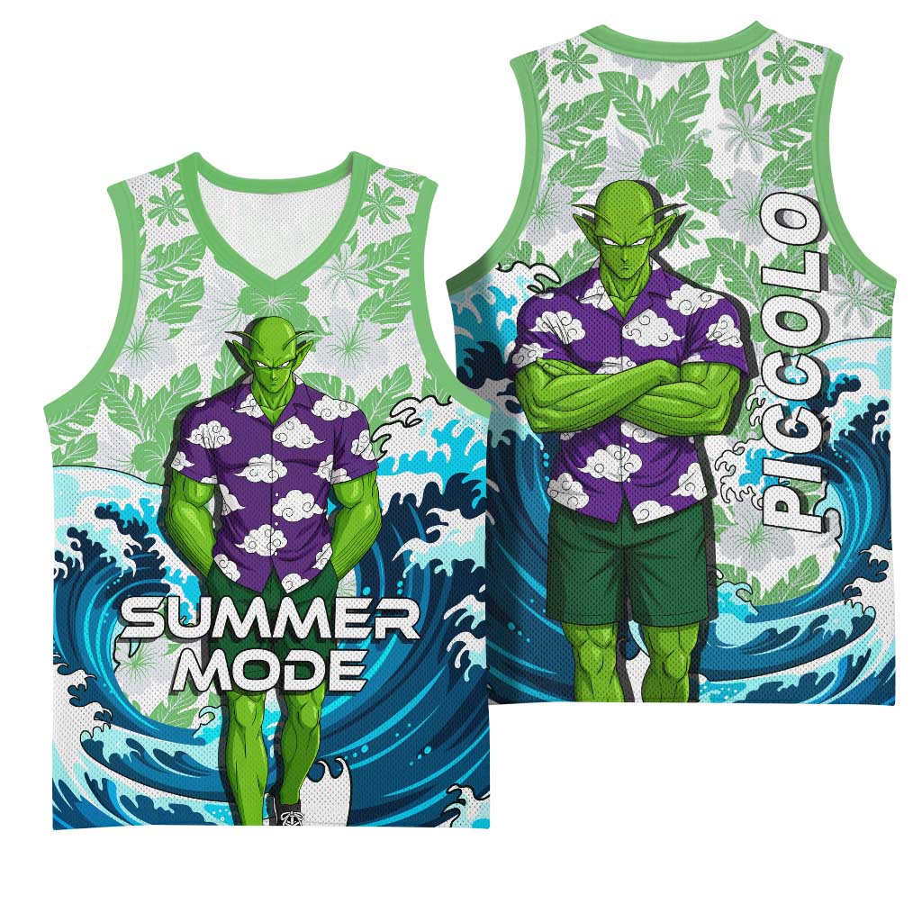 Piccolo Dragon Ball Summer Theme Basketball Jersey with Tropical Shirt Shenron Background and Ocean Wave Design - The Mazicc