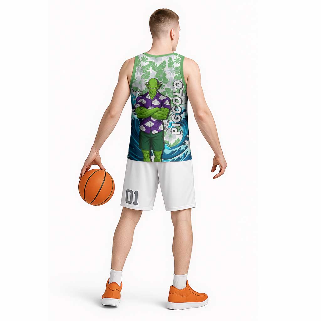 Piccolo Dragon Ball Summer Theme Basketball Jersey with Tropical Shirt Shenron Background and Ocean Wave Design - The Mazicc