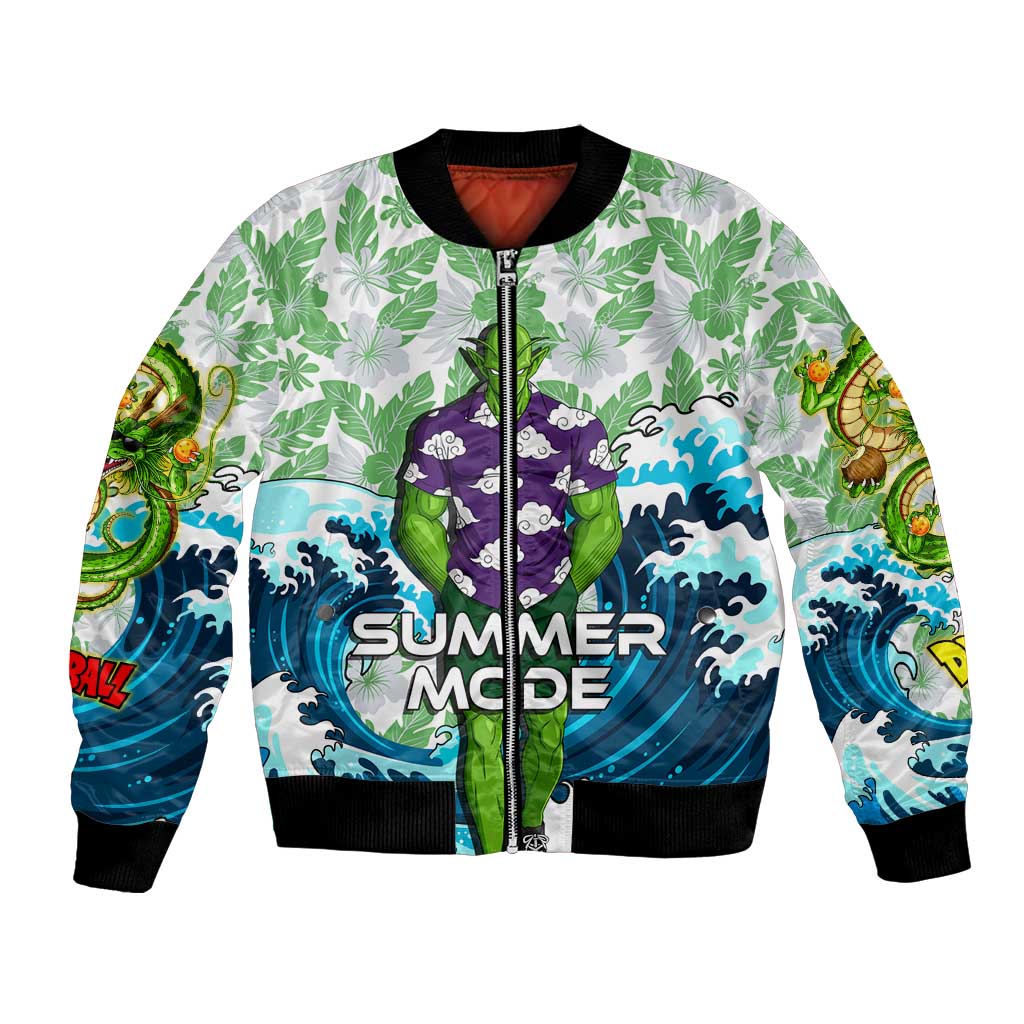 Piccolo Dragon Ball Summer Theme Bomber Jacket with Tropical Shirt Shenron Background and Ocean Wave Design - The Mazicc