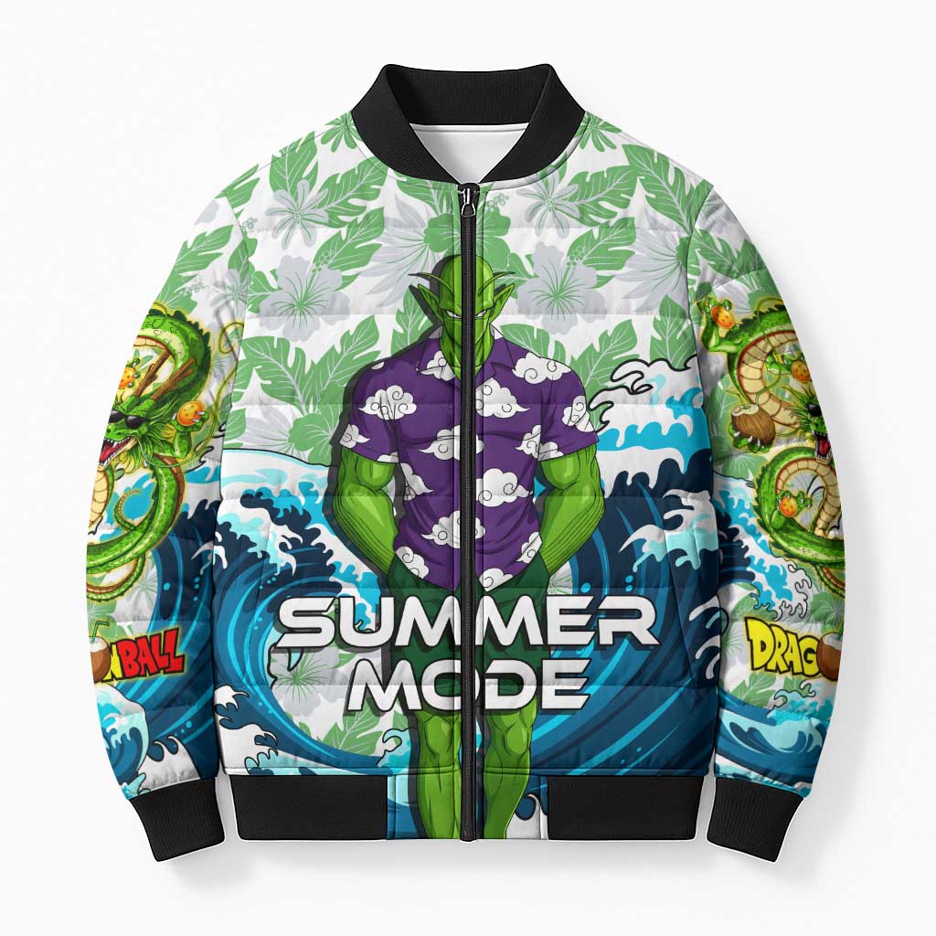 Piccolo Dragon Ball Summer Theme Bomber Puffer Jacket with Tropical Shirt Shenron Background and Ocean Wave Design - The Mazicc