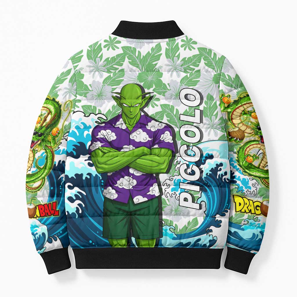 Piccolo Dragon Ball Summer Theme Bomber Puffer Jacket with Tropical Shirt Shenron Background and Ocean Wave Design - The Mazicc