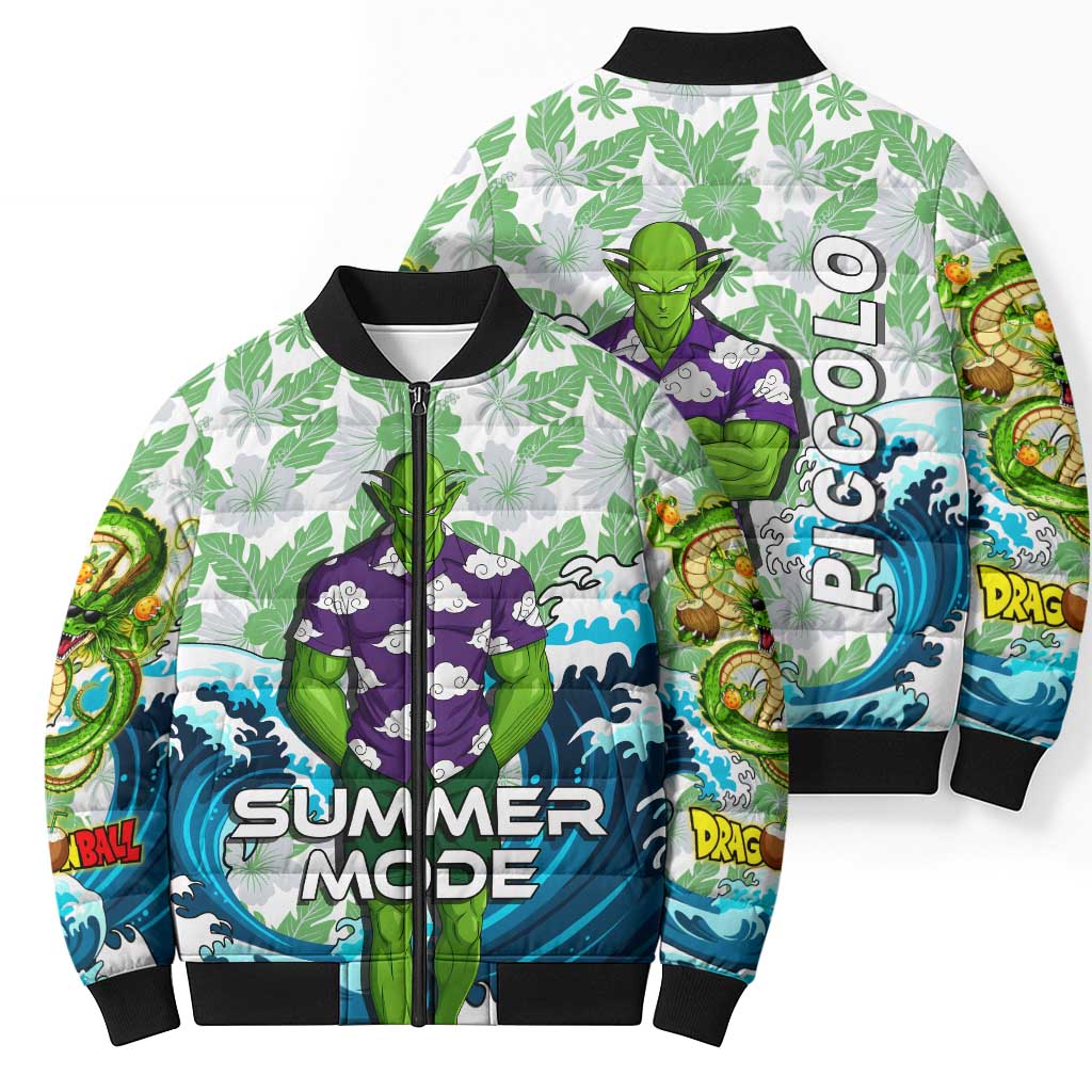 Piccolo Dragon Ball Summer Theme Bomber Puffer Jacket with Tropical Shirt Shenron Background and Ocean Wave Design - The Mazicc