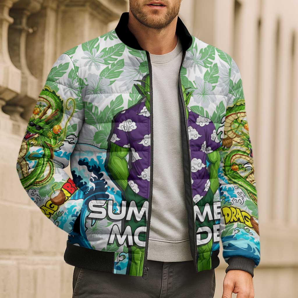 Piccolo Dragon Ball Summer Theme Bomber Puffer Jacket with Tropical Shirt Shenron Background and Ocean Wave Design - The Mazicc