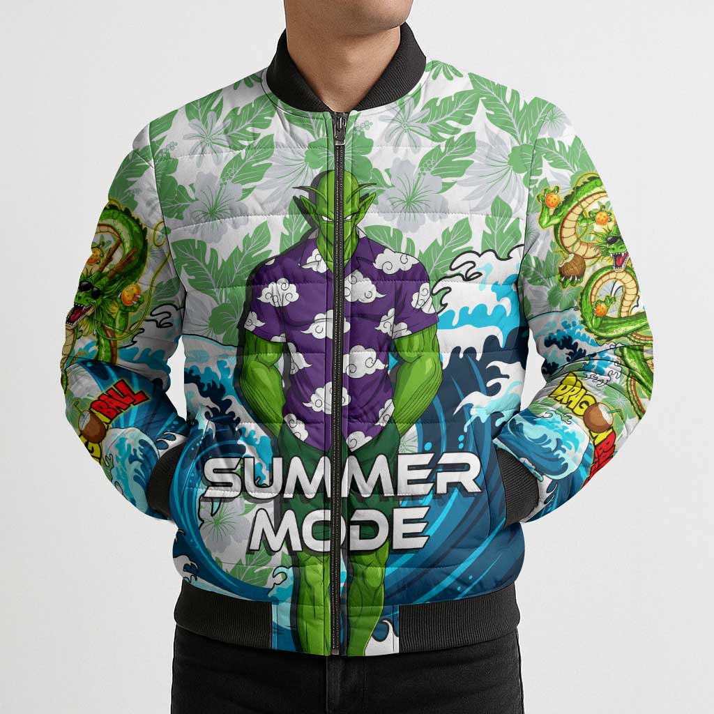 Piccolo Dragon Ball Summer Theme Bomber Puffer Jacket with Tropical Shirt Shenron Background and Ocean Wave Design - The Mazicc