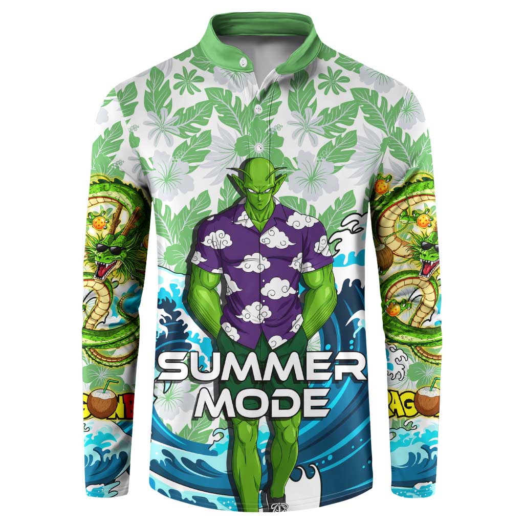 Piccolo Dragon Ball Summer Theme Button Sweatshirt with Tropical Shirt Shenron Background and Ocean Wave Design - The Mazicc