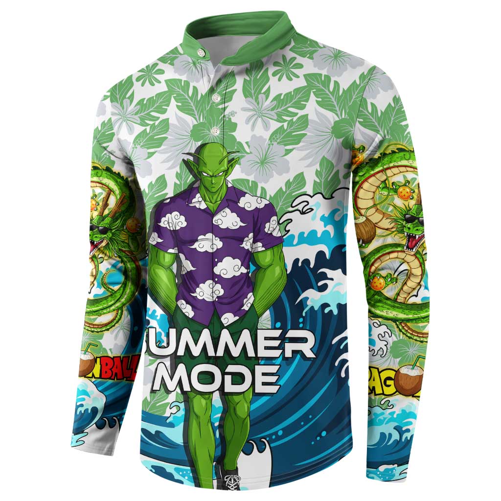 Piccolo Dragon Ball Summer Theme Button Sweatshirt with Tropical Shirt Shenron Background and Ocean Wave Design - The Mazicc