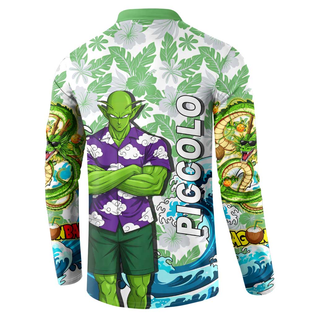 Piccolo Dragon Ball Summer Theme Button Sweatshirt with Tropical Shirt Shenron Background and Ocean Wave Design - The Mazicc