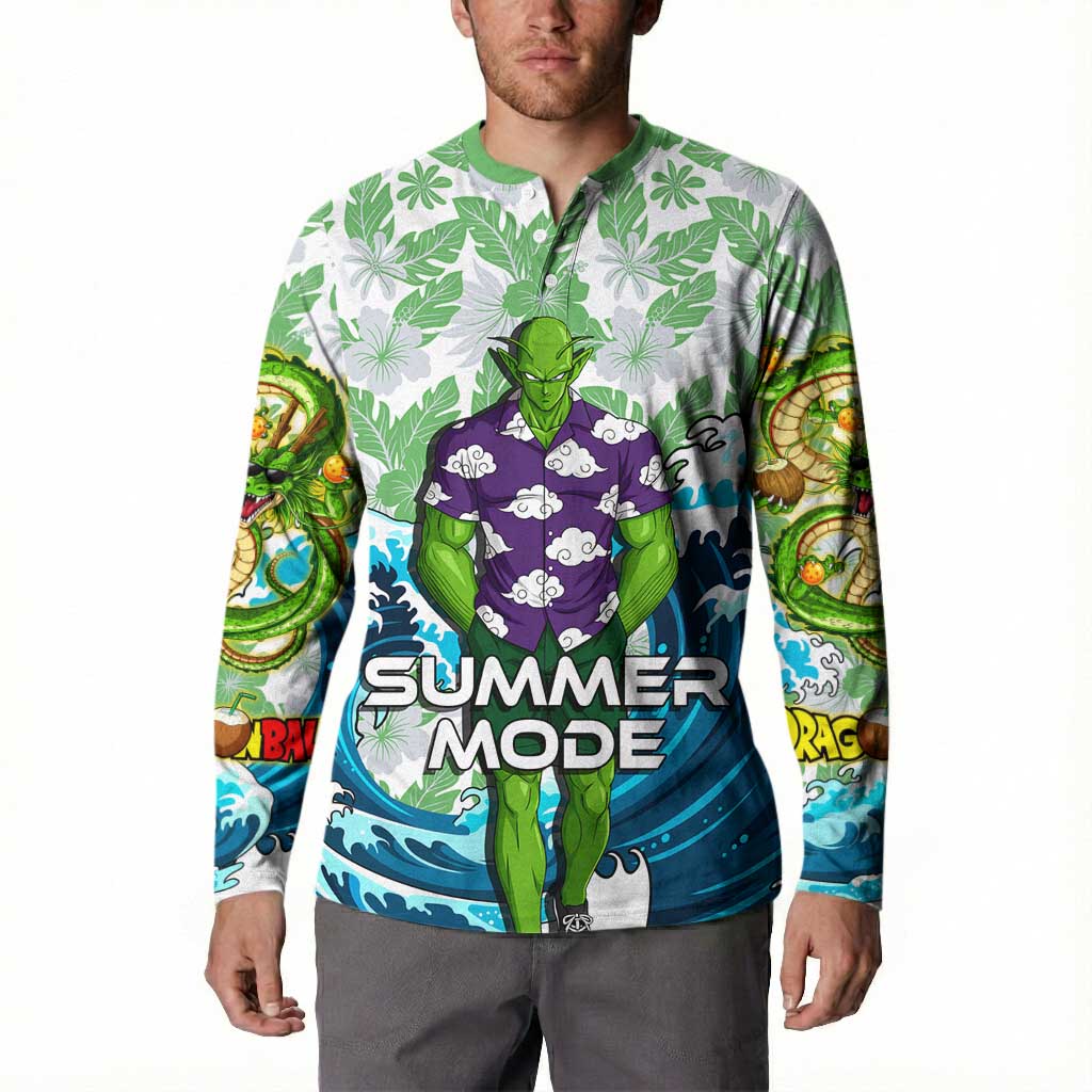 Piccolo Dragon Ball Summer Theme Button Sweatshirt with Tropical Shirt Shenron Background and Ocean Wave Design - The Mazicc