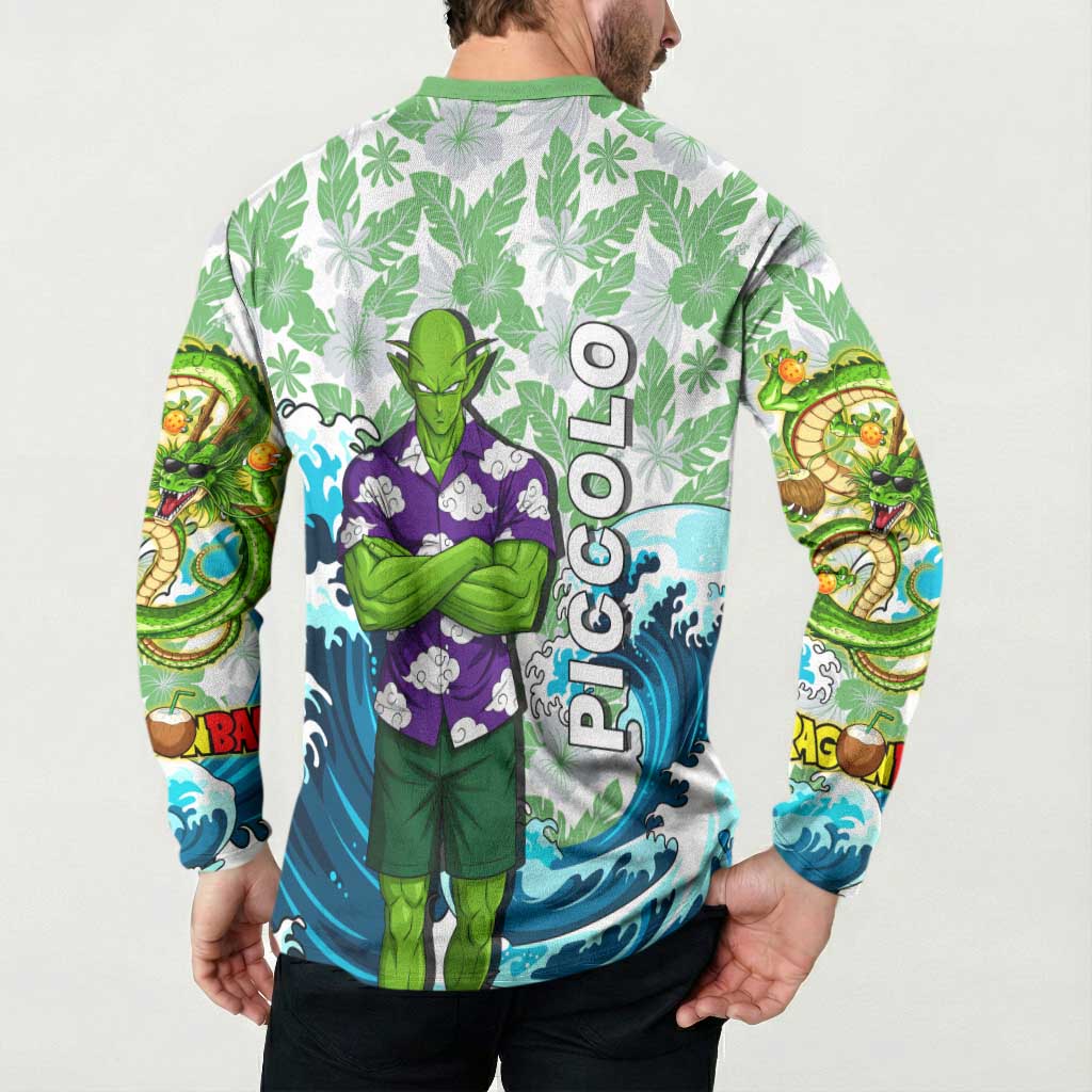 Piccolo Dragon Ball Summer Theme Button Sweatshirt with Tropical Shirt Shenron Background and Ocean Wave Design - The Mazicc