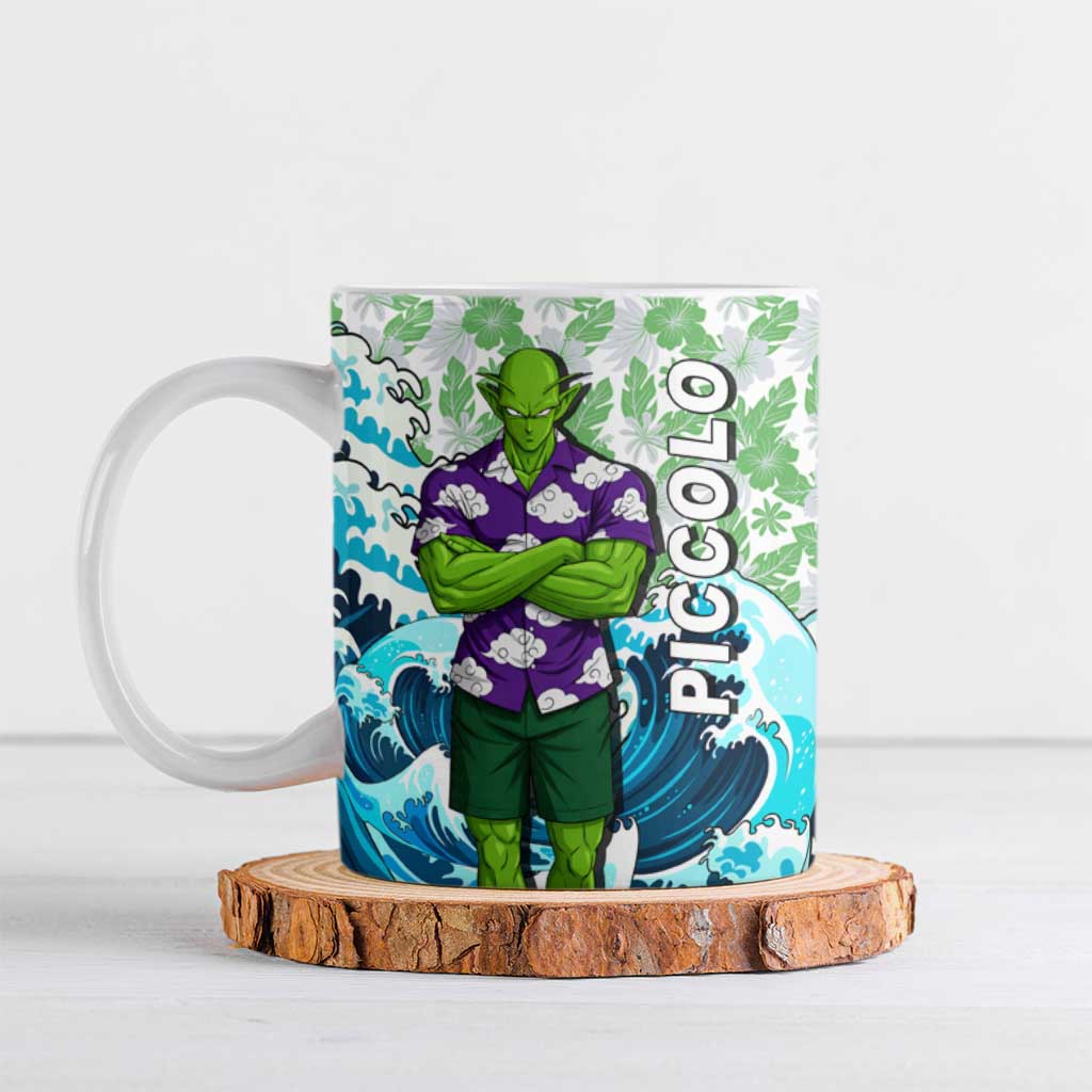 Piccolo Dragon Ball Summer Theme Ceramic Mug with Tropical Shirt Shenron Background and Ocean Wave Design - The Mazicc