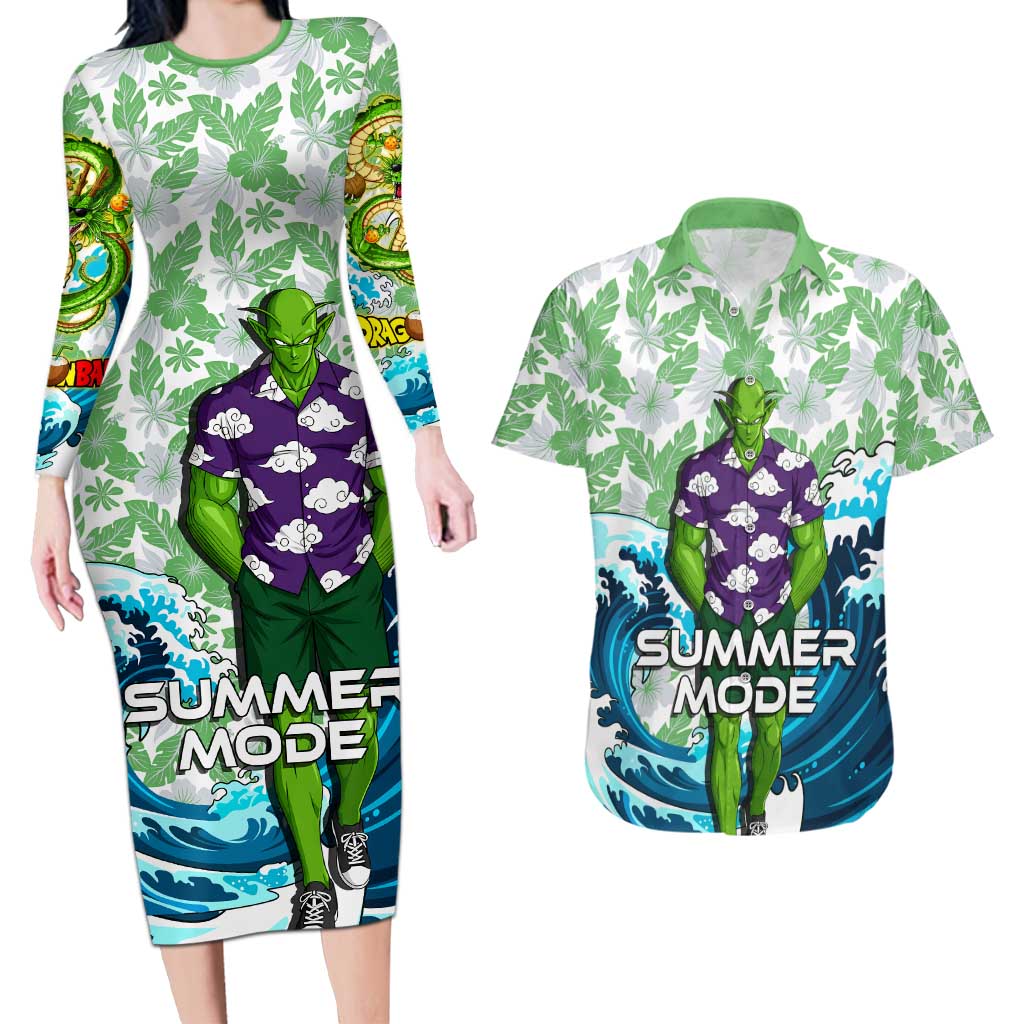 Piccolo Dragon Ball Summer Theme Couples Matching Long Sleeve Bodycon Dress and Hawaiian Shirt with Tropical Shirt Shenron Background and Ocean Wave Design - The Mazicc