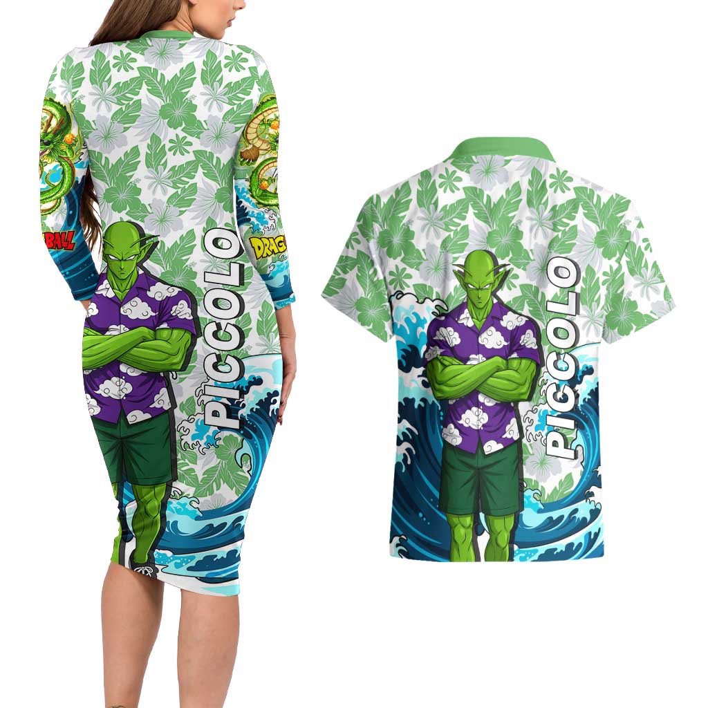 Piccolo Dragon Ball Summer Theme Couples Matching Long Sleeve Bodycon Dress and Hawaiian Shirt with Tropical Shirt Shenron Background and Ocean Wave Design - The Mazicc