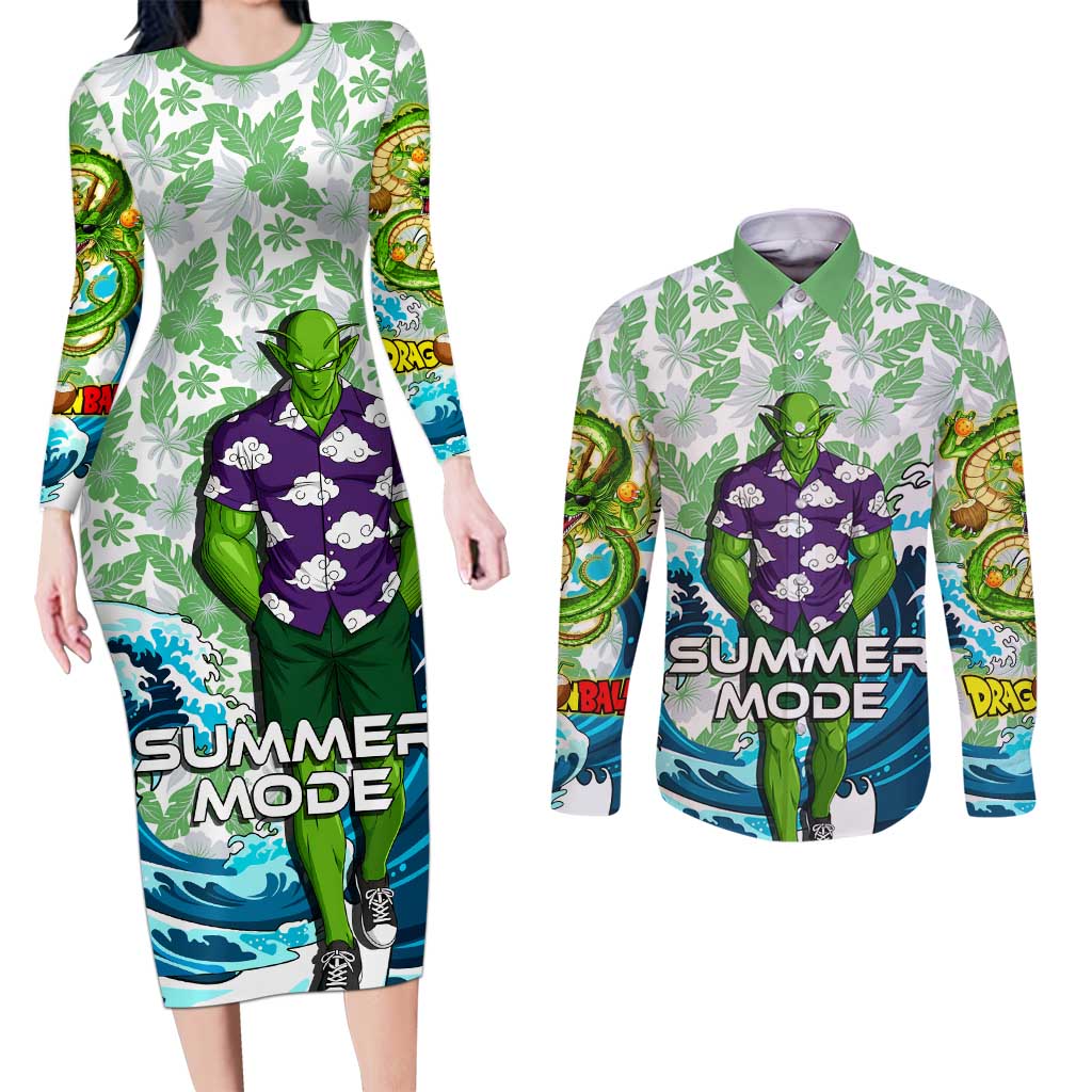 Piccolo Dragon Ball Summer Theme Couples Matching Long Sleeve Bodycon Dress and Long Sleeve Button Shirt with Tropical Shirt Shenron Background and Ocean Wave Design - The Mazicc