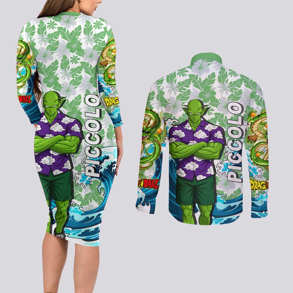 Piccolo Dragon Ball Summer Theme Couples Matching Long Sleeve Bodycon Dress and Long Sleeve Button Shirt with Tropical Shirt Shenron Background and Ocean Wave Design - The Mazicc