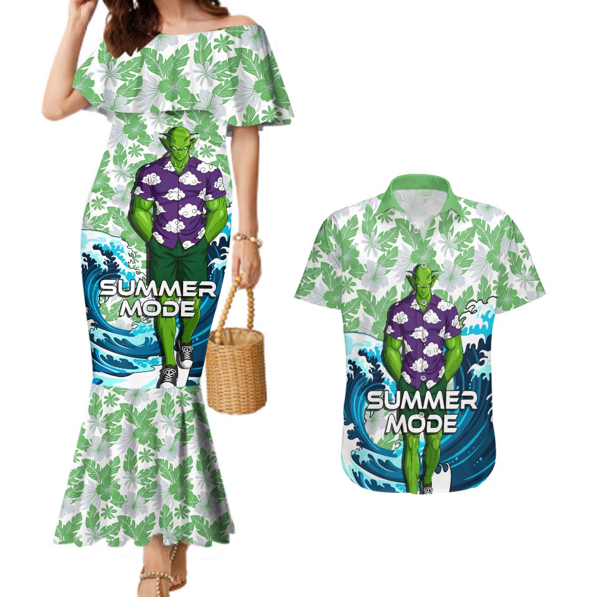 Piccolo Dragon Ball Summer Theme Couples Matching Mermaid Dress and Hawaiian Shirt with Tropical Shirt Shenron Background and Ocean Wave Design - The Mazicc