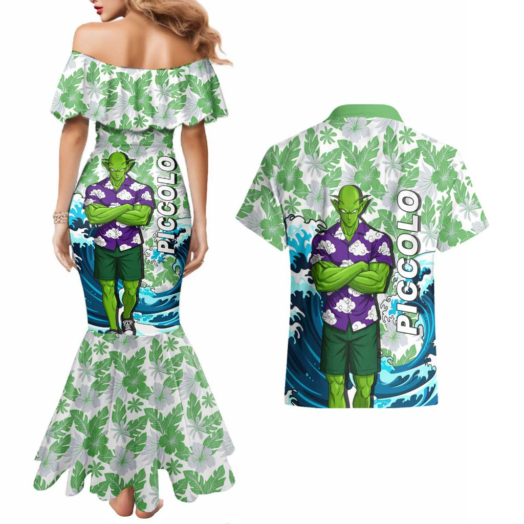 Piccolo Dragon Ball Summer Theme Couples Matching Mermaid Dress and Hawaiian Shirt with Tropical Shirt Shenron Background and Ocean Wave Design - The Mazicc