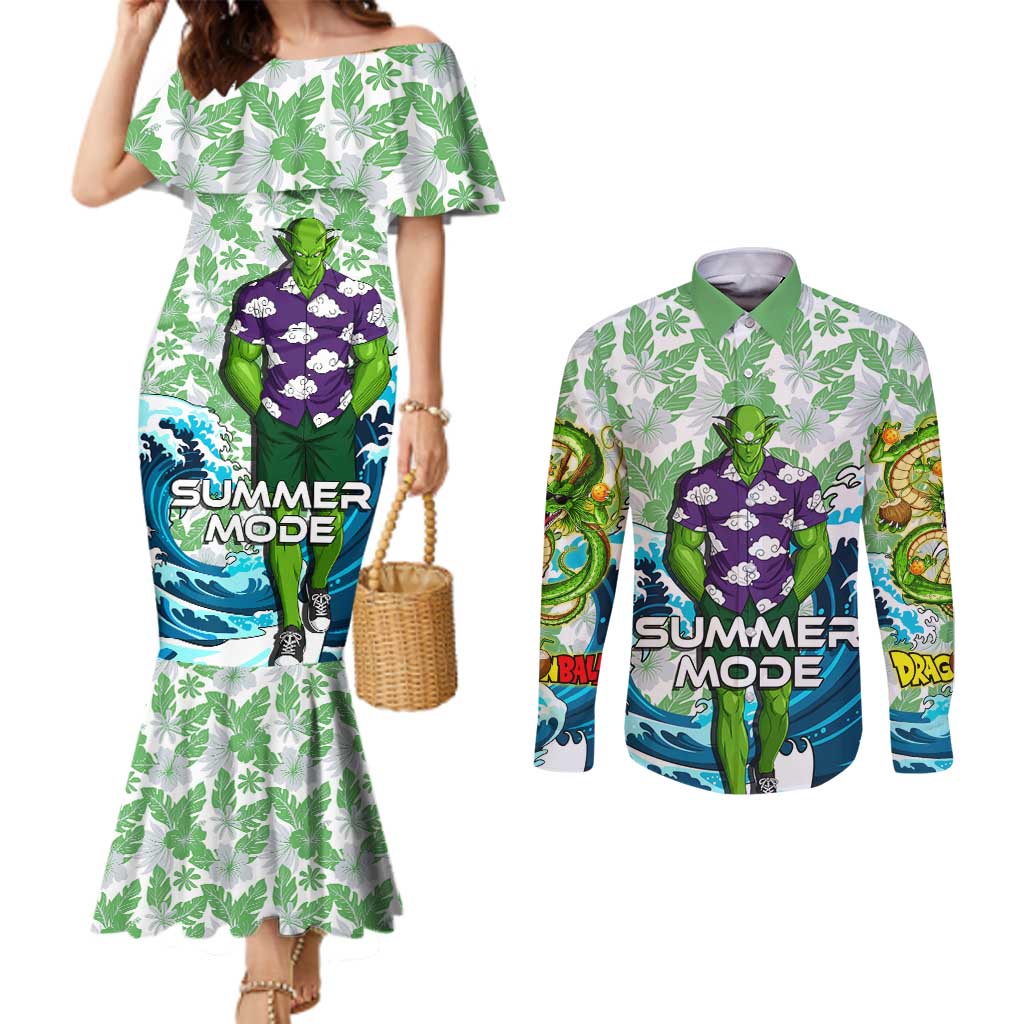Piccolo Dragon Ball Summer Theme Couples Matching Mermaid Dress and Long Sleeve Button Shirt with Tropical Shirt Shenron Background and Ocean Wave Design - The Mazicc