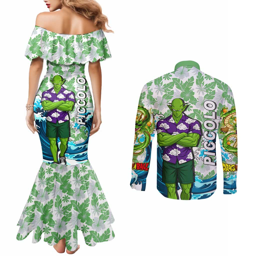 Piccolo Dragon Ball Summer Theme Couples Matching Mermaid Dress and Long Sleeve Button Shirt with Tropical Shirt Shenron Background and Ocean Wave Design - The Mazicc