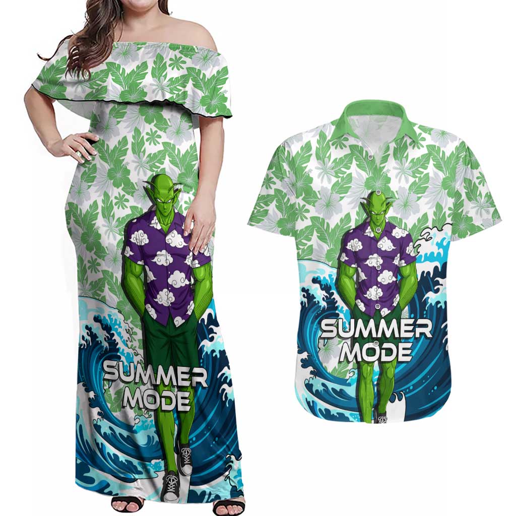 Piccolo Dragon Ball Summer Theme Couples Matching Off Shoulder Maxi Dress and Hawaiian Shirt with Tropical Shirt Shenron Background and Ocean Wave Design - The Mazicc