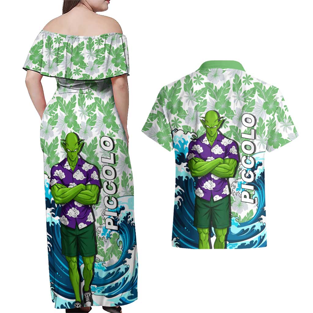 Piccolo Dragon Ball Summer Theme Couples Matching Off Shoulder Maxi Dress and Hawaiian Shirt with Tropical Shirt Shenron Background and Ocean Wave Design - The Mazicc