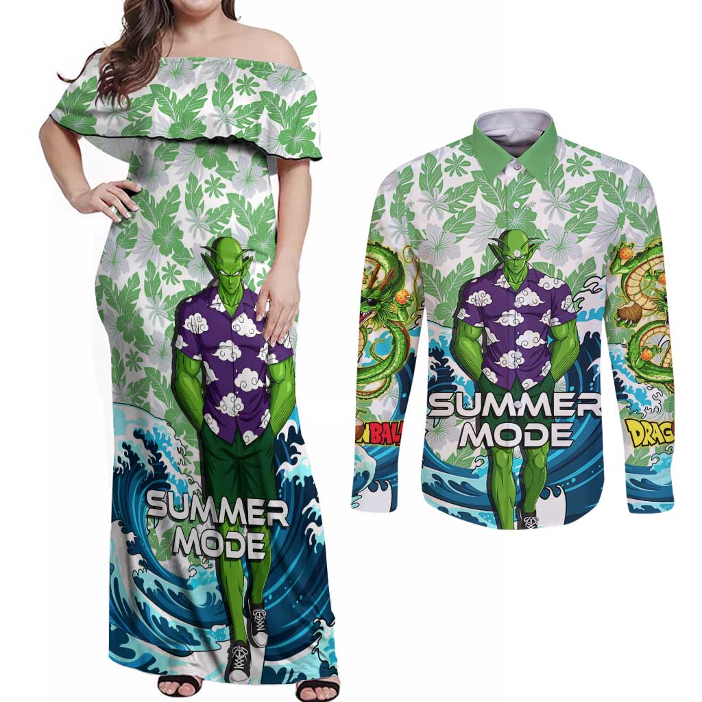 Piccolo Dragon Ball Summer Theme Couples Matching Off Shoulder Maxi Dress and Long Sleeve Button Shirt with Tropical Shirt Shenron Background and Ocean Wave Design - The Mazicc