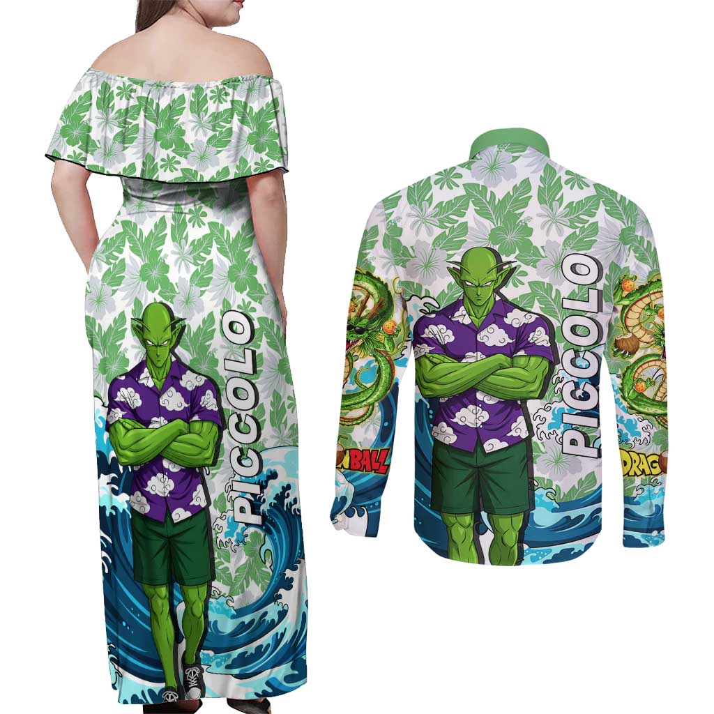 Piccolo Dragon Ball Summer Theme Couples Matching Off Shoulder Maxi Dress and Long Sleeve Button Shirt with Tropical Shirt Shenron Background and Ocean Wave Design - The Mazicc