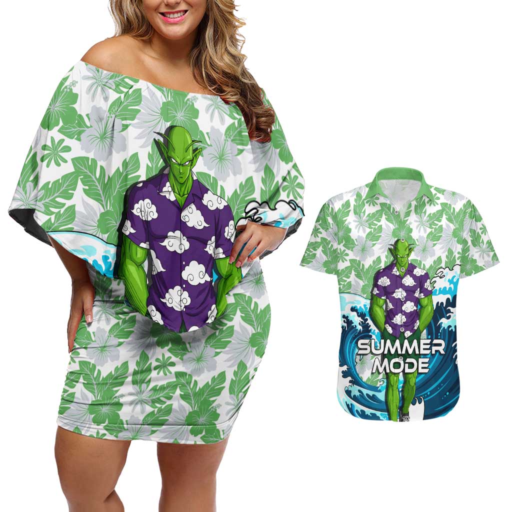 Piccolo Dragon Ball Summer Theme Couples Matching Off Shoulder Short Dress and Hawaiian Shirt with Tropical Shirt Shenron Background and Ocean Wave Design - The Mazicc