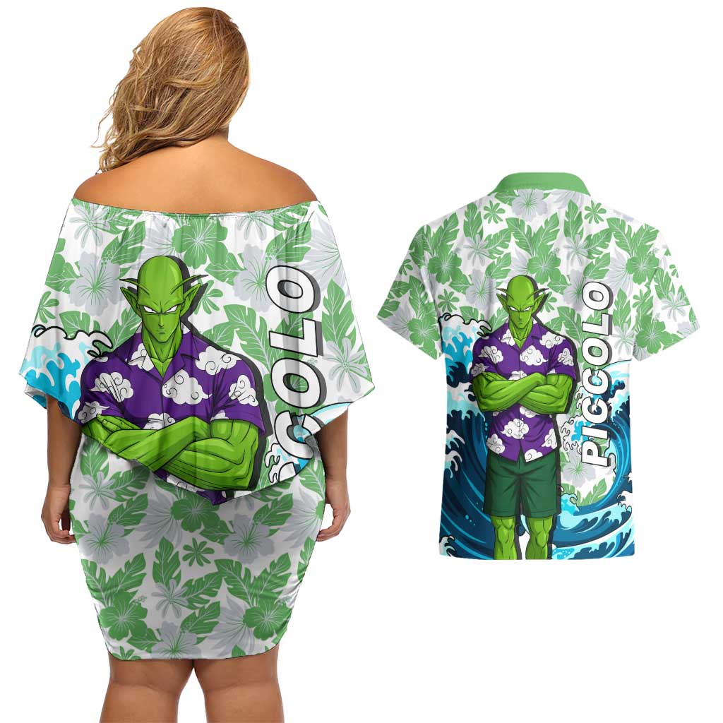 Piccolo Dragon Ball Summer Theme Couples Matching Off Shoulder Short Dress and Hawaiian Shirt with Tropical Shirt Shenron Background and Ocean Wave Design - The Mazicc