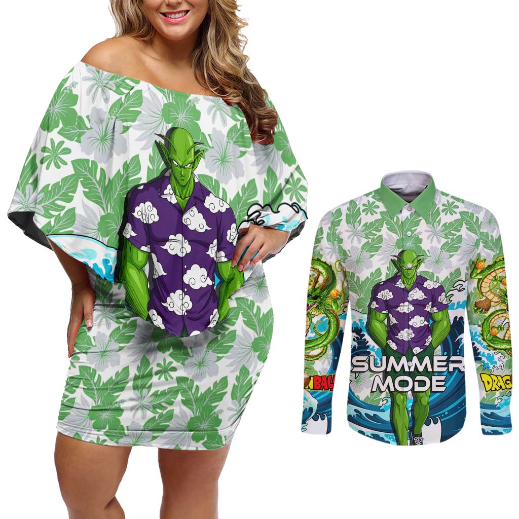 Piccolo Dragon Ball Summer Theme Couples Matching Off Shoulder Short Dress and Long Sleeve Button Shirt with Tropical Shirt Shenron Background and Ocean Wave Design - The Mazicc