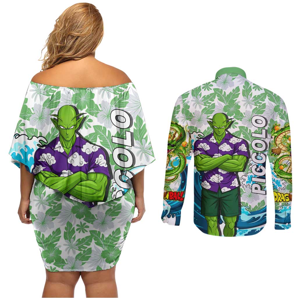 Piccolo Dragon Ball Summer Theme Couples Matching Off Shoulder Short Dress and Long Sleeve Button Shirt with Tropical Shirt Shenron Background and Ocean Wave Design - The Mazicc