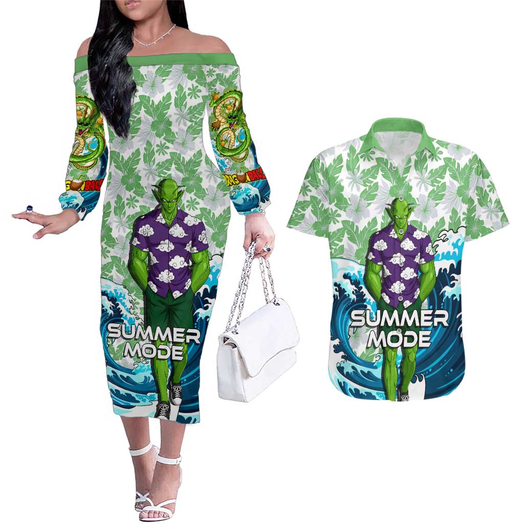 Piccolo Dragon Ball Summer Theme Couples Matching Off The Shoulder Long Sleeve Dress and Hawaiian Shirt with Tropical Shirt Shenron Background and Ocean Wave Design - The Mazicc