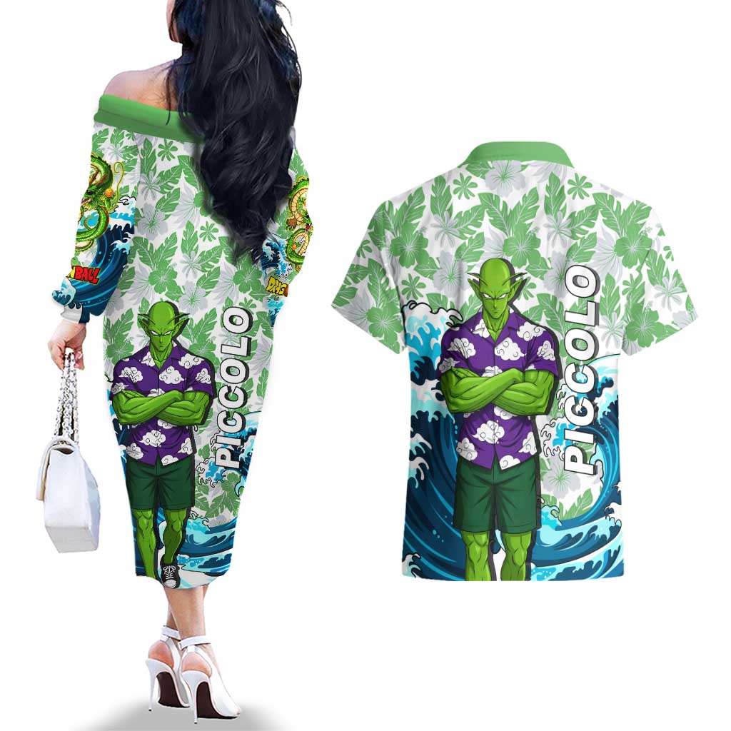 Piccolo Dragon Ball Summer Theme Couples Matching Off The Shoulder Long Sleeve Dress and Hawaiian Shirt with Tropical Shirt Shenron Background and Ocean Wave Design - The Mazicc