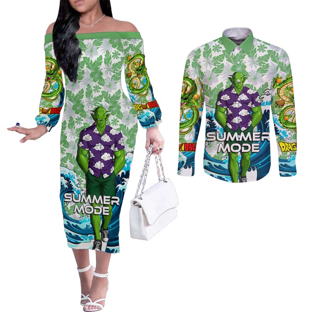 Piccolo Dragon Ball Summer Theme Couples Matching Off The Shoulder Long Sleeve Dress and Long Sleeve Button Shirt with Tropical Shirt Shenron Background and Ocean Wave Design - The Mazicc